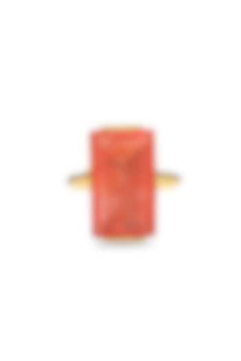 Gold Finish Coral Orange Natural Stone Aztec Adjustable Ring In Sterling Silver by MISS JO at Pernia's Pop Up Shop