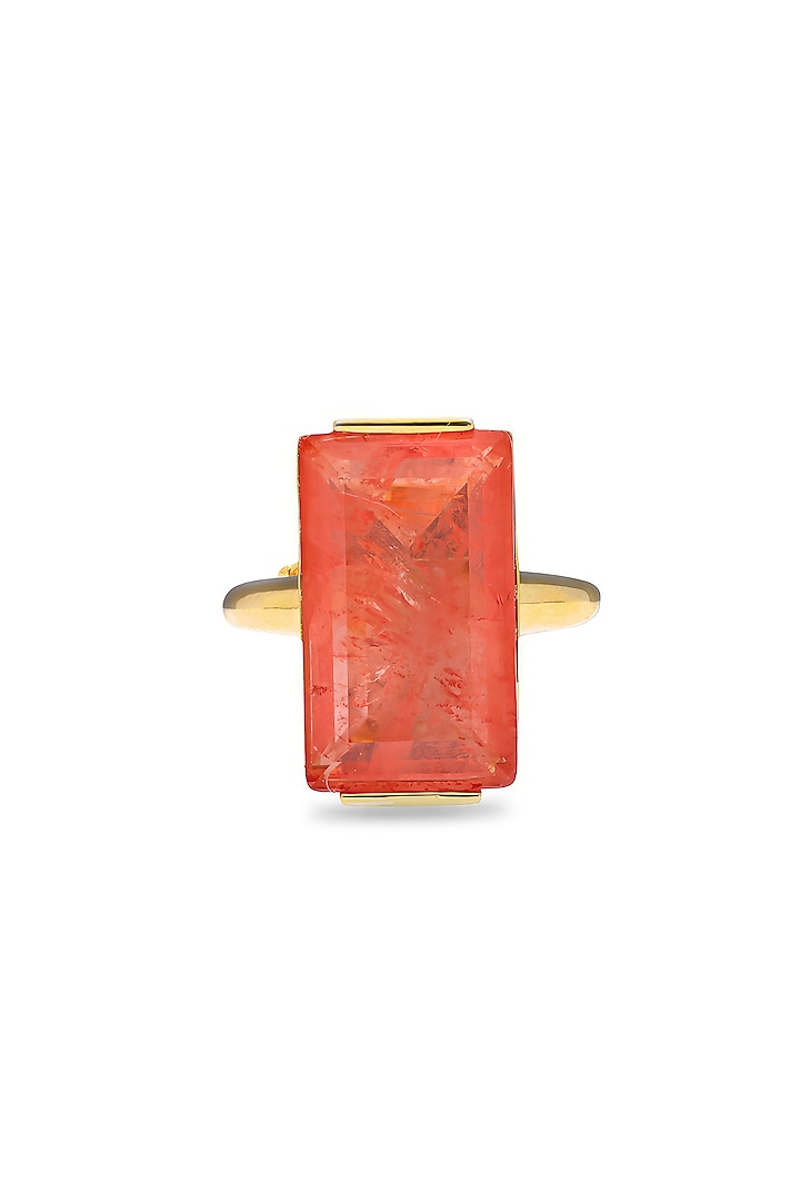 Gold Finish Coral Orange Natural Stone Aztec Adjustable Ring In Sterling Silver by MISS JO at Pernia's Pop Up Shop