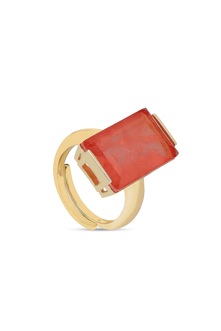 Gold Finish Coral Orange Natural Stone Aztec Adjustable Ring In Sterling Silver by MISS JO at Pernia's Pop Up Shop