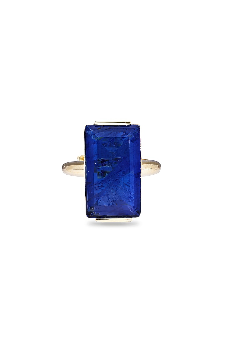 Gold Finish Dark Blue Natural Stone Aztec Adjustable Ring In Sterling Silver by MISS JO at Pernia's Pop Up Shop
