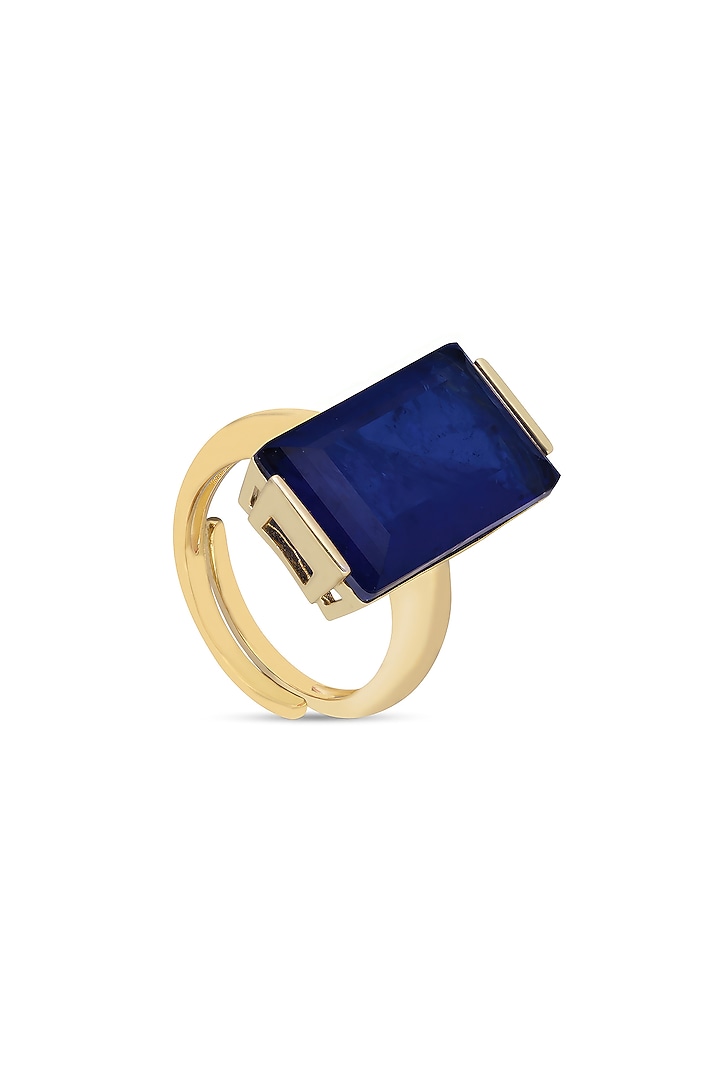 Gold Finish Dark Blue Natural Stone Aztec Adjustable Ring In Sterling Silver by MISS JO at Pernia's Pop Up Shop