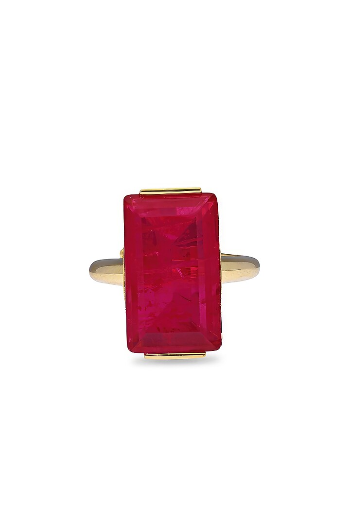 Gold Finish Deep Pink Natural Stone Aztec Adjustable Ring In Sterling Silver by MISS JO at Pernia's Pop Up Shop