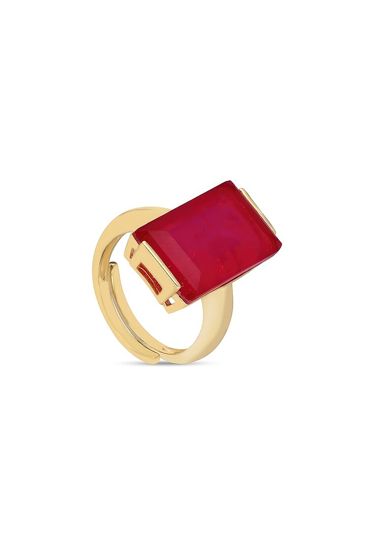 Gold Finish Deep Pink Natural Stone Aztec Adjustable Ring In Sterling Silver by MISS JO at Pernia's Pop Up Shop