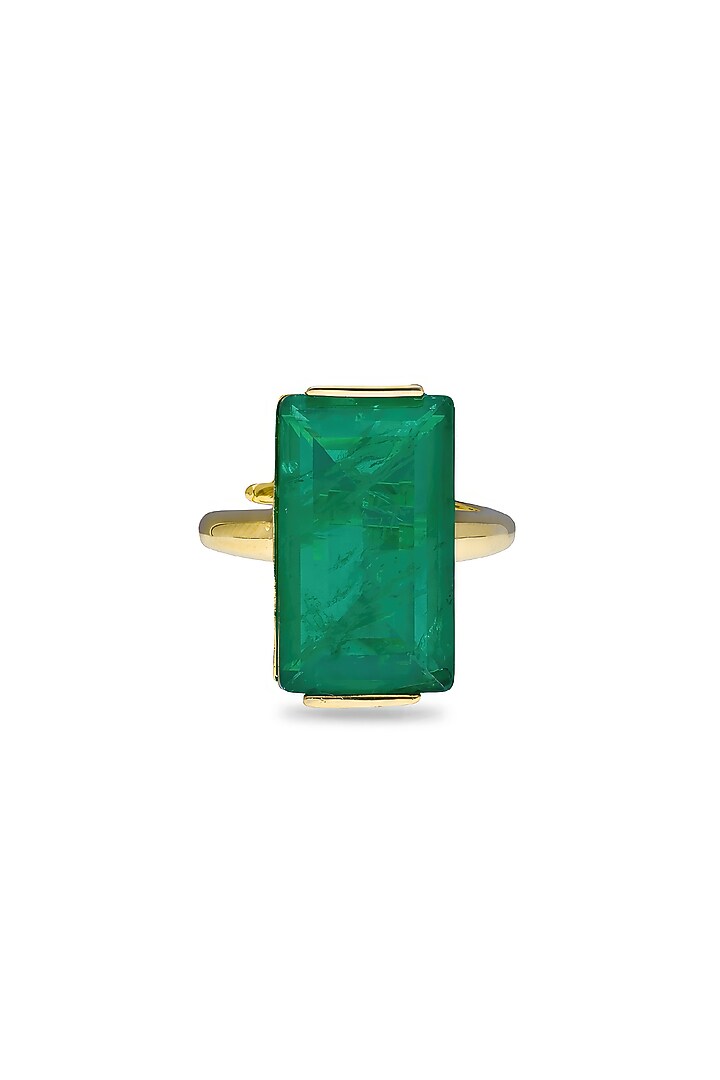Gold Finish Emerald Green Natural Stone Aztec Adjustable Ring In Sterling Silver by MISS JO at Pernia's Pop Up Shop