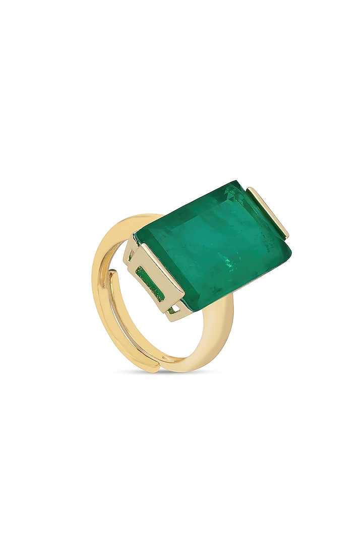 Gold Finish Emerald Green Natural Stone Aztec Adjustable Ring In Sterling Silver by MISS JO at Pernia's Pop Up Shop