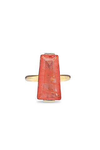 Gold Finish Coral Orange Moon Stone Adjustable Ring In Sterling Silver by MISS JO