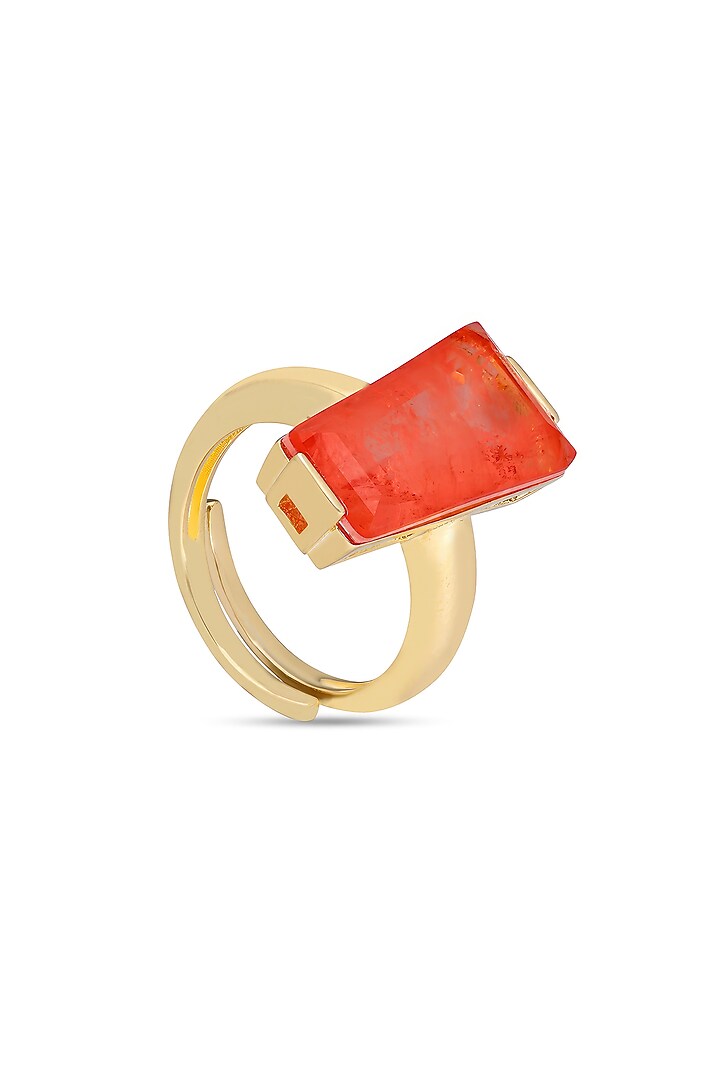 Gold Finish Coral Orange Moon Stone Adjustable Ring In Sterling Silver by MISS JO at Pernia's Pop Up Shop