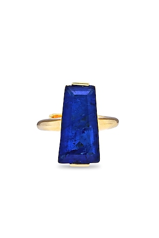 Gold Finish Blue Moon Stone Adjustable Ring In Sterling Silver by MISS JO
