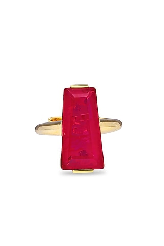 Gold Finish Deep Pink Moon Stone Adjustable Ring In Sterling Silver by MISS JO