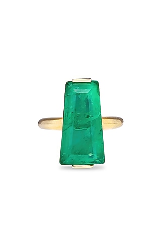 Gold Finish Emerald Green Moon Stone Adjustable Ring In Sterling Silver by MISS JO