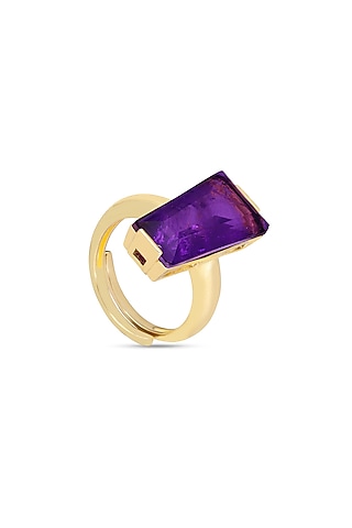 Gold Finish Purple Moon Stone Adjustable Ring In Sterling Silver by MISS JO