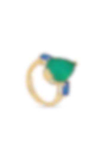 Gold Finish Azure Blue & Emerald Natural Stone Adjustable Ring In Sterling Silver by MISS JO at Pernia's Pop Up Shop