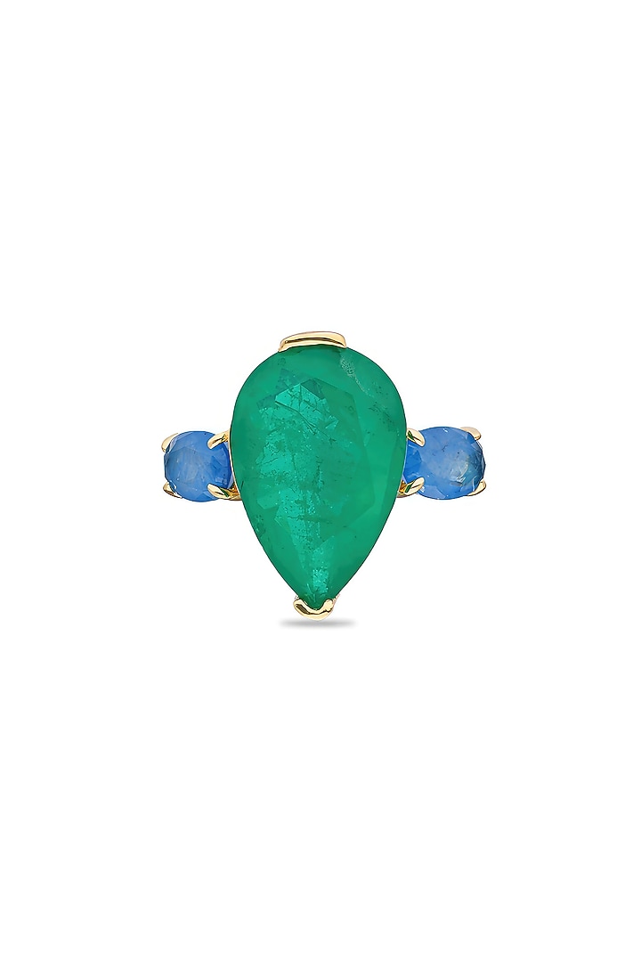 Gold Finish Azure Blue & Emerald Natural Stone Adjustable Ring In Sterling Silver by MISS JO at Pernia's Pop Up Shop