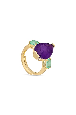 Gold Finish Aquamarine Green & Purple Natural Stone Adjustable Ring In Sterling Silver by MISS JO