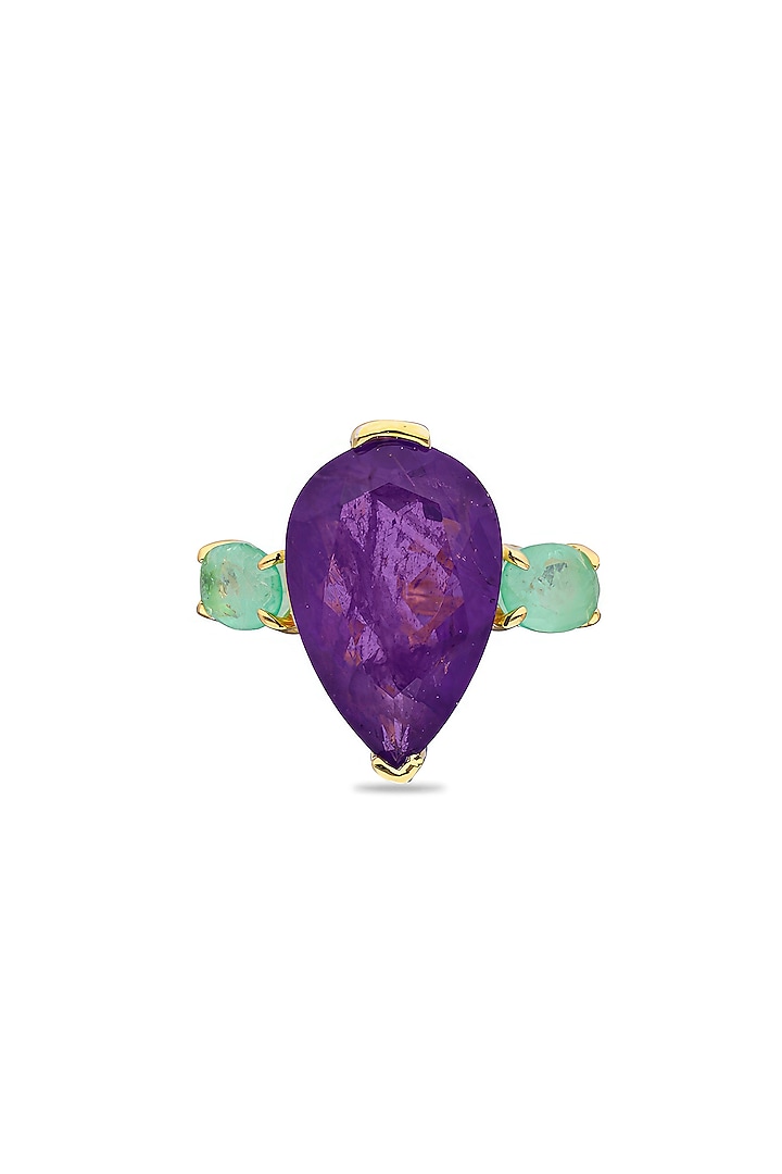 Gold Finish Aquamarine Green & Purple Natural Stone Adjustable Ring In Sterling Silver by MISS JO at Pernia's Pop Up Shop