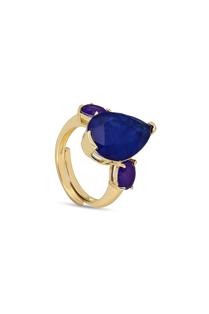 Gold Finish Magenta & Blue Natural Stone Adjustable Ring In Sterling Silver by MISS JO at Pernia's Pop Up Shop