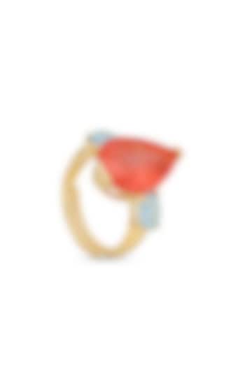 Gold Finish Sky Blue & Coral Orange Natural Stone Adjustable Ring In Sterling Silver by MISS JO at Pernia's Pop Up Shop