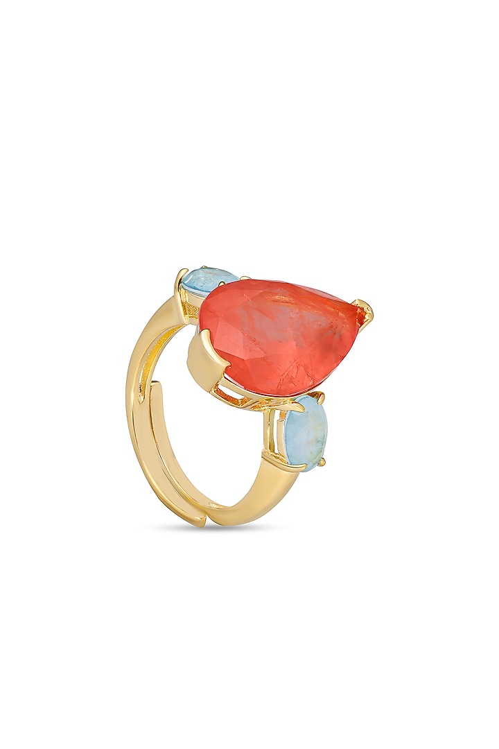 Gold Finish Sky Blue & Coral Orange Natural Stone Adjustable Ring In Sterling Silver by MISS JO at Pernia's Pop Up Shop