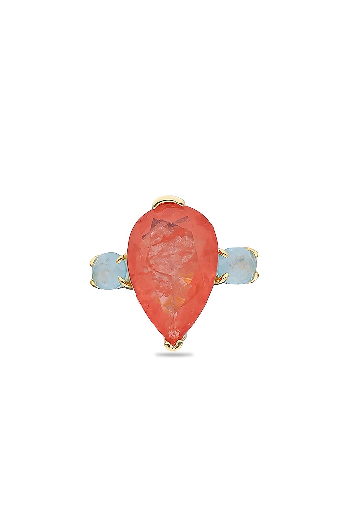 Gold Finish Sky Blue & Coral Orange Natural Stone Adjustable Ring In Sterling Silver by MISS JO at Pernia's Pop Up Shop