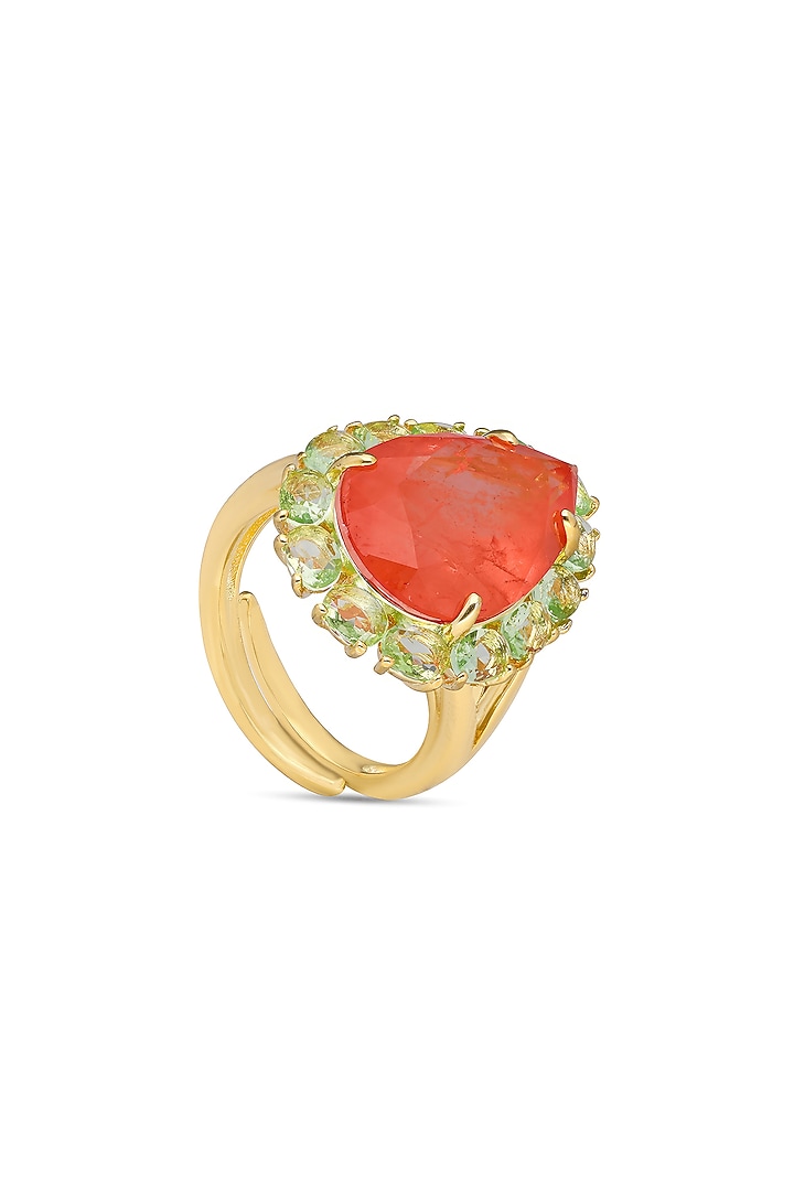 Gold Finish Coral Orange & Light Green Natural Stone Adjustable Ring In Sterling Silver by MISS JO at Pernia's Pop Up Shop