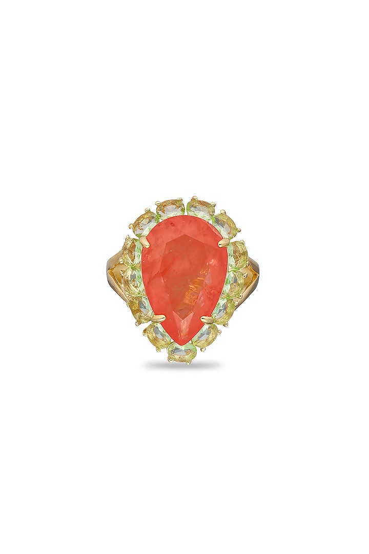 Gold Finish Coral Orange & Light Green Natural Stone Adjustable Ring In Sterling Silver by MISS JO at Pernia's Pop Up Shop