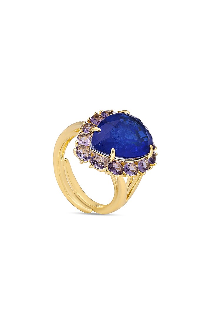 Gold Finish Dark Blue & Purple Natural Stone Adjustable Ring In Sterling Silver by MISS JO at Pernia's Pop Up Shop
