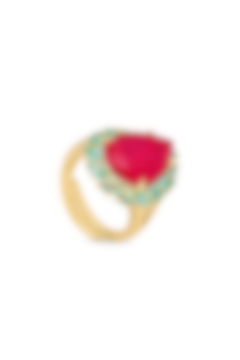 Gold Finish Deep Pink & Light Blue Natural Stone Adjustable Ring In Sterling Silver by MISS JO at Pernia's Pop Up Shop
