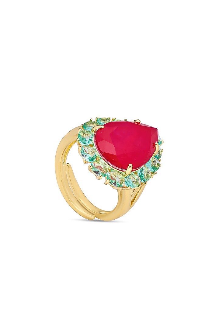 Gold Finish Deep Pink & Light Blue Natural Stone Adjustable Ring In Sterling Silver by MISS JO at Pernia's Pop Up Shop