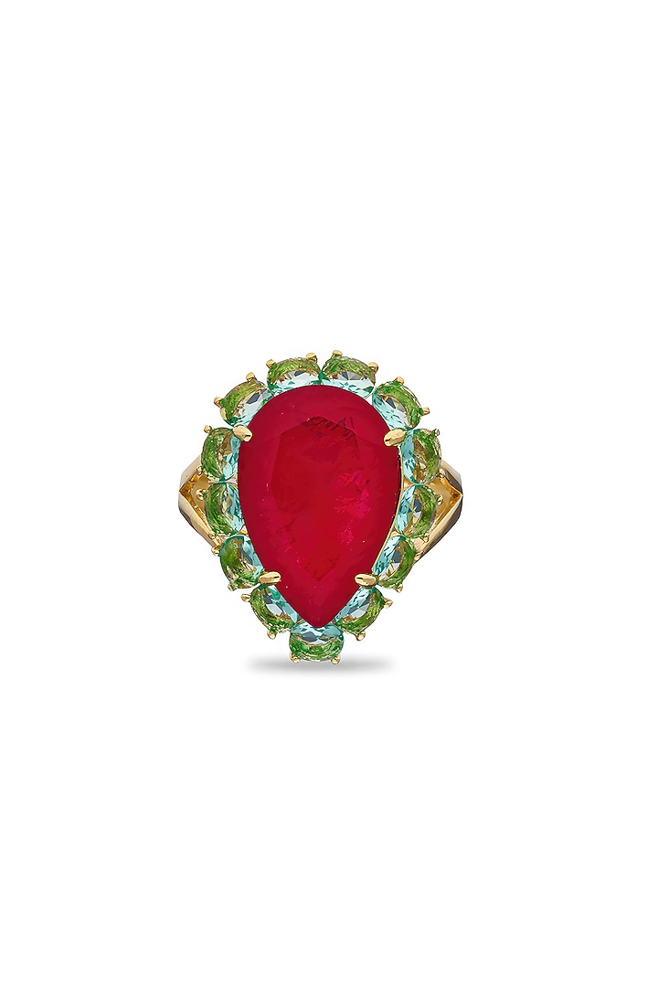 Gold Finish Deep Pink & Light Blue Natural Stone Adjustable Ring In Sterling Silver by MISS JO at Pernia's Pop Up Shop