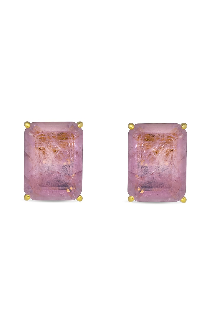 Gold Finish Plum Pink Natural Stone Geometric Stud Earrings In Sterling Silver by MISS JO at Pernia's Pop Up Shop