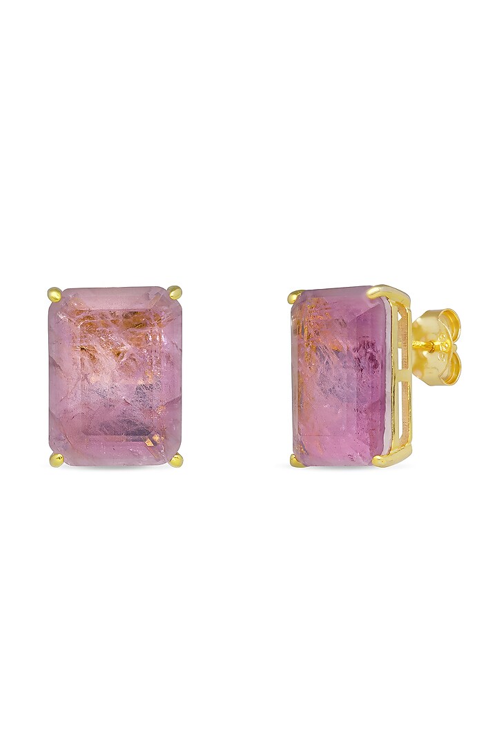 Gold Finish Plum Pink Natural Stone Geometric Stud Earrings In Sterling Silver by MISS JO at Pernia's Pop Up Shop