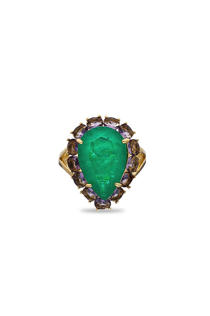 Gold Finish Emerald Green & Purple Natural Stone Adjustable Ring In Sterling Silver by MISS JO at Pernia's Pop Up Shop