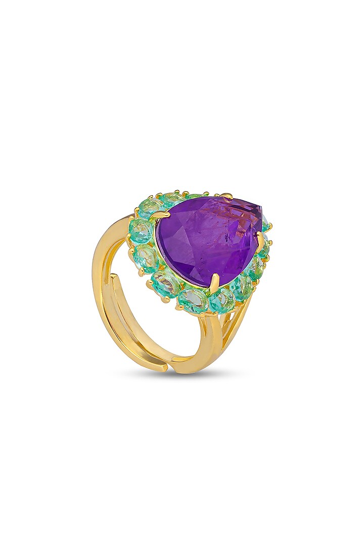 Gold Finish Light Blue & Purple Natural Stone Adjustable Ring In Sterling Silver by MISS JO at Pernia's Pop Up Shop
