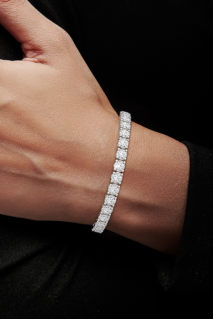 White Rhodium Finish Cubic Zirconia Crystal Tennis Bracelet In Sterling Silver by MISS JO at Pernia's Pop Up Shop