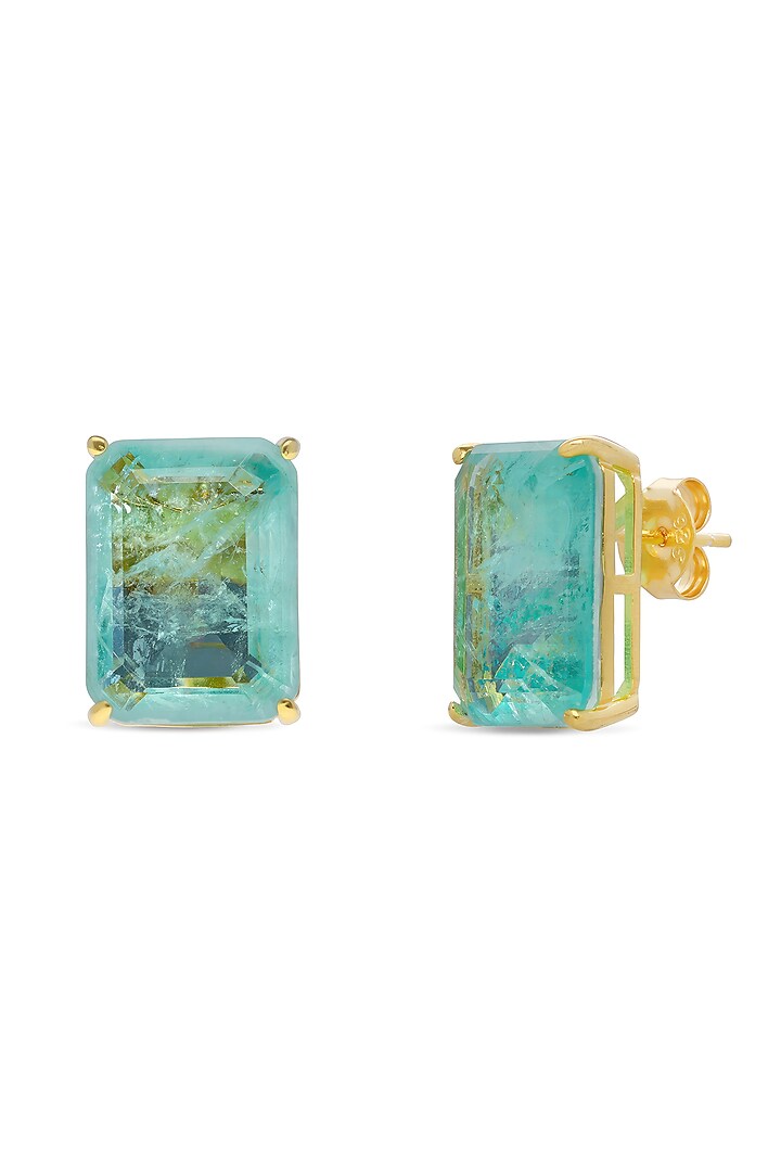 Gold Finish Pale Turquoise Natural Stone Geometric Stud Earrings In Sterling Silver by MISS JO at Pernia's Pop Up Shop