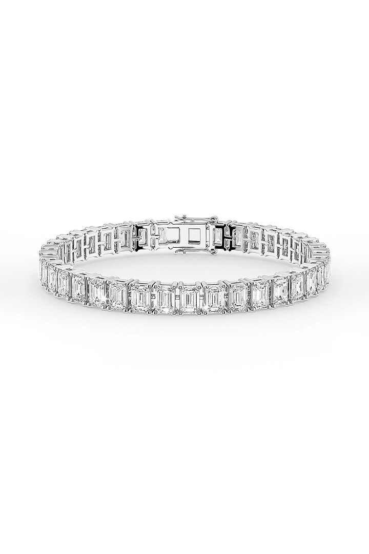 White Rhodium Finish Emerald-Cut Cubic Zirconia Crystal Tennis Bracelet In Sterling Silver by MISS JO at Pernia's Pop Up Shop