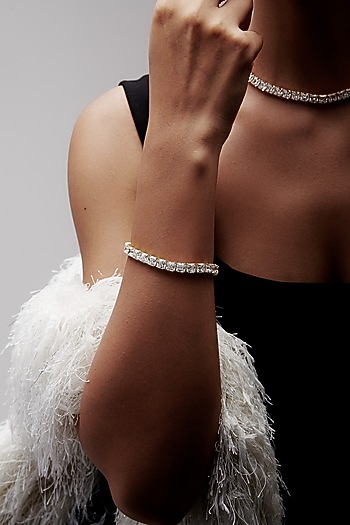 Gold Finish Square-Shaped Cubic Zirconia Crystal Tennis Bracelet In Sterling Silver by MISS JO at Pernia's Pop Up Shop