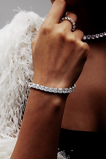 White Rhodium Finish Square-Shaped Cubic Zirconia Crystal Tennis Bracelet In Sterling Silver by MISS JO at Pernia's Pop Up Shop
