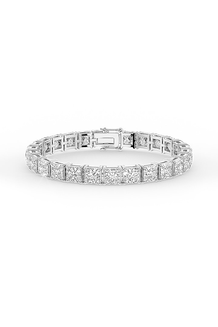 White Rhodium Finish Square-Shaped Cubic Zirconia Crystal Tennis Bracelet In Sterling Silver by MISS JO at Pernia's Pop Up Shop