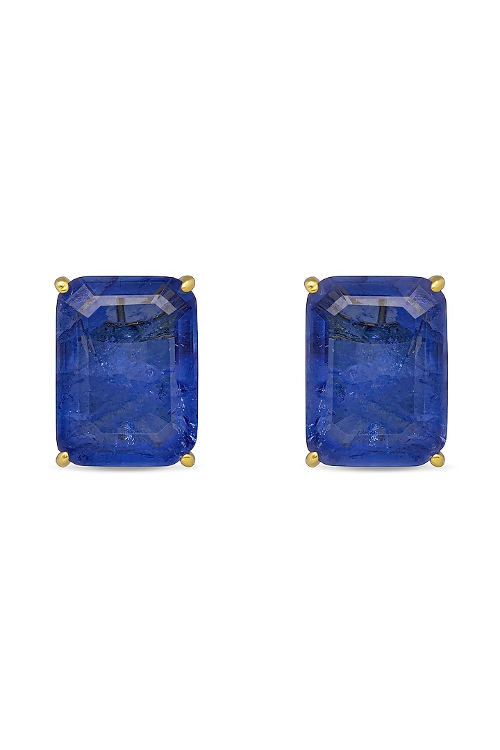 Gold Finish Royal Blue Natural Stone Geometric Stud Earrings In Sterling Silver by MISS JO at Pernia's Pop Up Shop