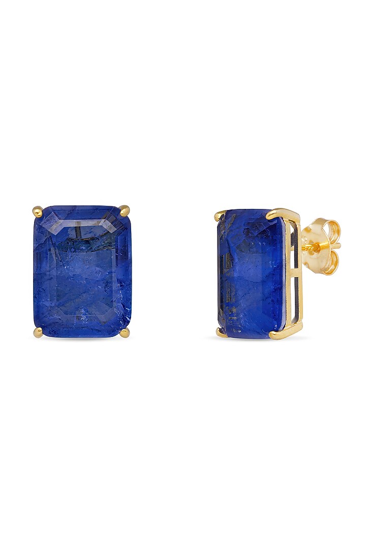 Gold Finish Royal Blue Natural Stone Geometric Stud Earrings In Sterling Silver by MISS JO at Pernia's Pop Up Shop