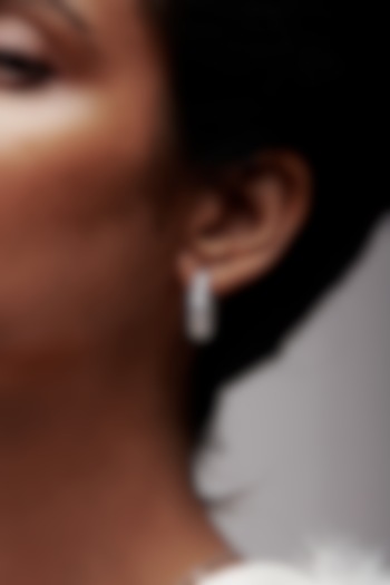 White Rhodium Finish Square-Shaped Cubic Zirconia Crystal Hoop Earrings In Sterling Silver by MISS JO at Pernia's Pop Up Shop