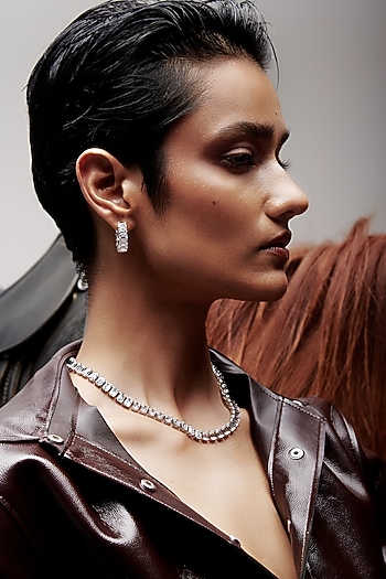White Rhodium Finish Emerald-Cut Cubic Zirconia Crystal Hoop Earrings In Sterling Silver by MISS JO at Pernia's Pop Up Shop