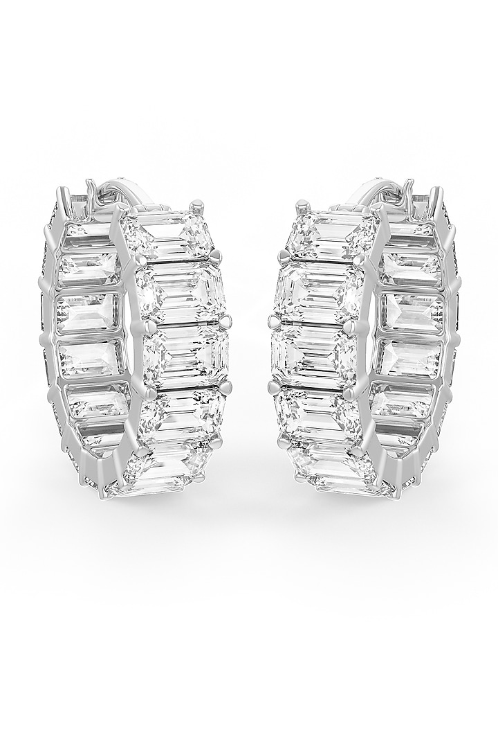 White Rhodium Finish Emerald-Cut Cubic Zirconia Crystal Hoop Earrings In Sterling Silver by MISS JO at Pernia's Pop Up Shop