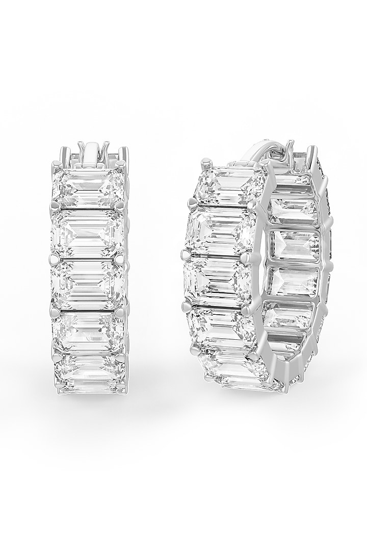 White Rhodium Finish Emerald-Cut Cubic Zirconia Crystal Hoop Earrings In Sterling Silver by MISS JO at Pernia's Pop Up Shop