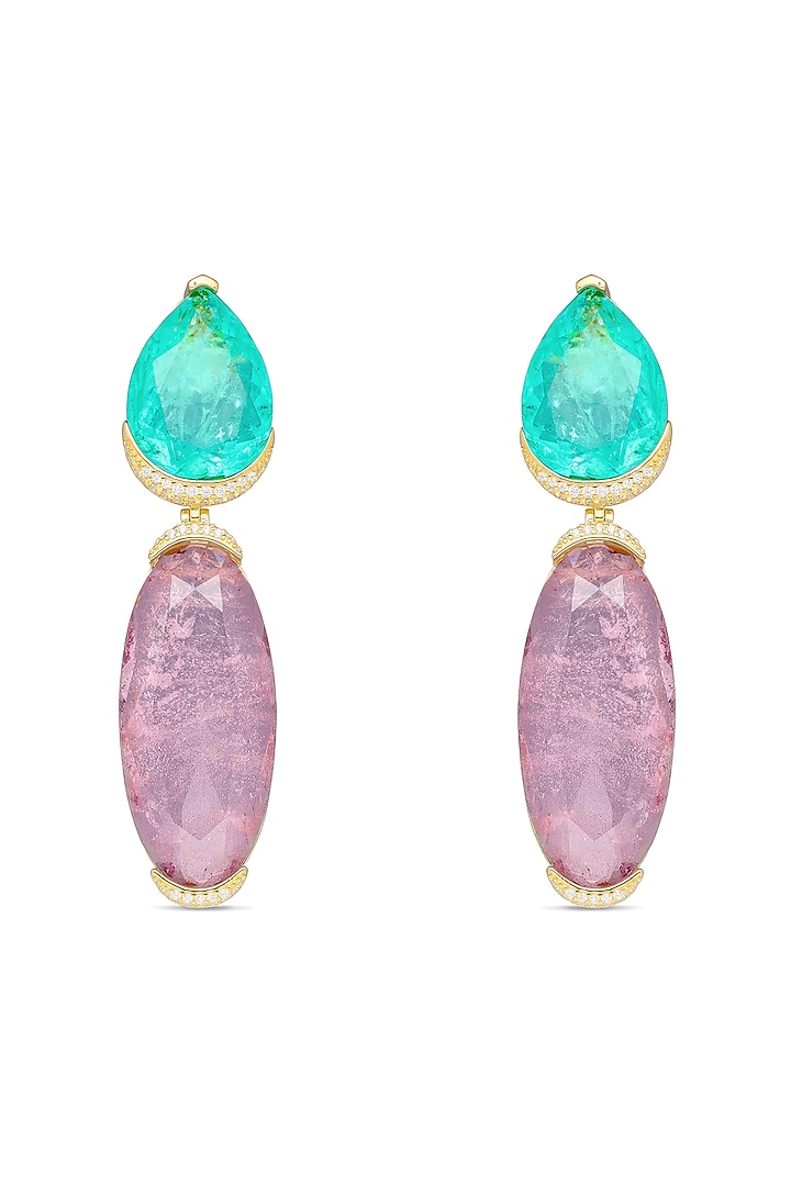 Gold Finish Light Blue & Purple Natural Stone Dangler Earrings In Sterling Silver by MISS JO at Pernia's Pop Up Shop