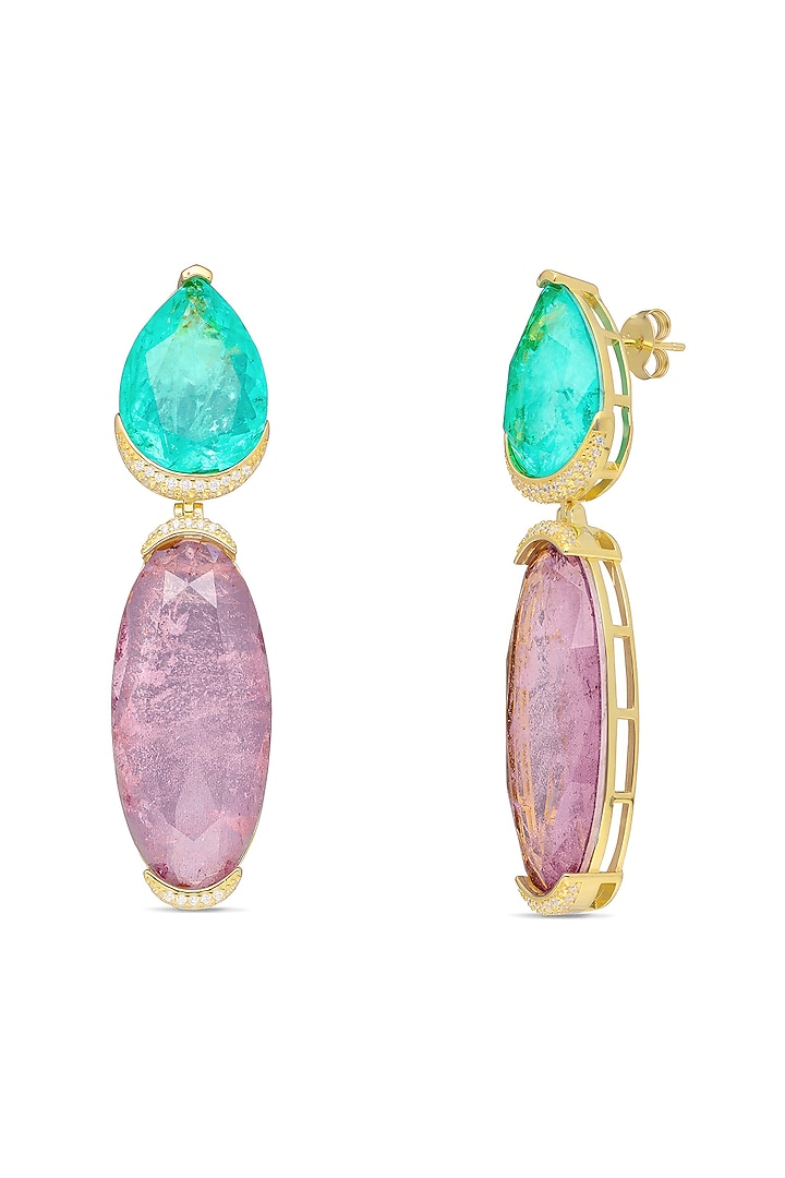 Gold Finish Light Blue & Purple Natural Stone Dangler Earrings In Sterling Silver by MISS JO at Pernia's Pop Up Shop