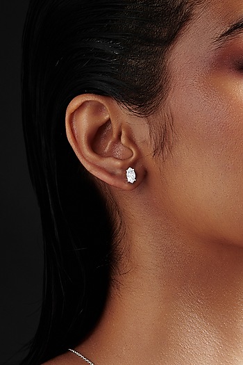 White Rhodium Finish Marquise-Shaped Cubic Zirconia Crystal Stud Earrings In Sterling Silver by MISS JO at Pernia's Pop Up Shop
