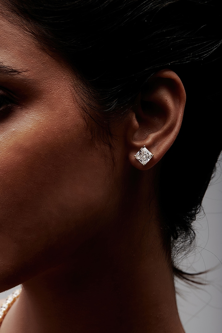 Gold Finish Square-Shaped Cubic Zirconia Crystal Stud Earrings In Sterling Silver by MISS JO at Pernia's Pop Up Shop