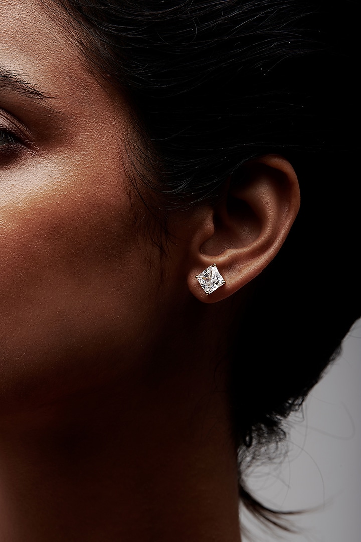 White Rhodium Finish Square-Shaped Cubic Zirconia Crystal Stud Earrings In Sterling Silver by MISS JO at Pernia's Pop Up Shop